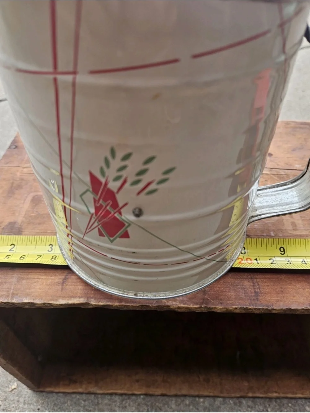 Vintage White Tin Hand Crank Flour Sifter with Red Green Design